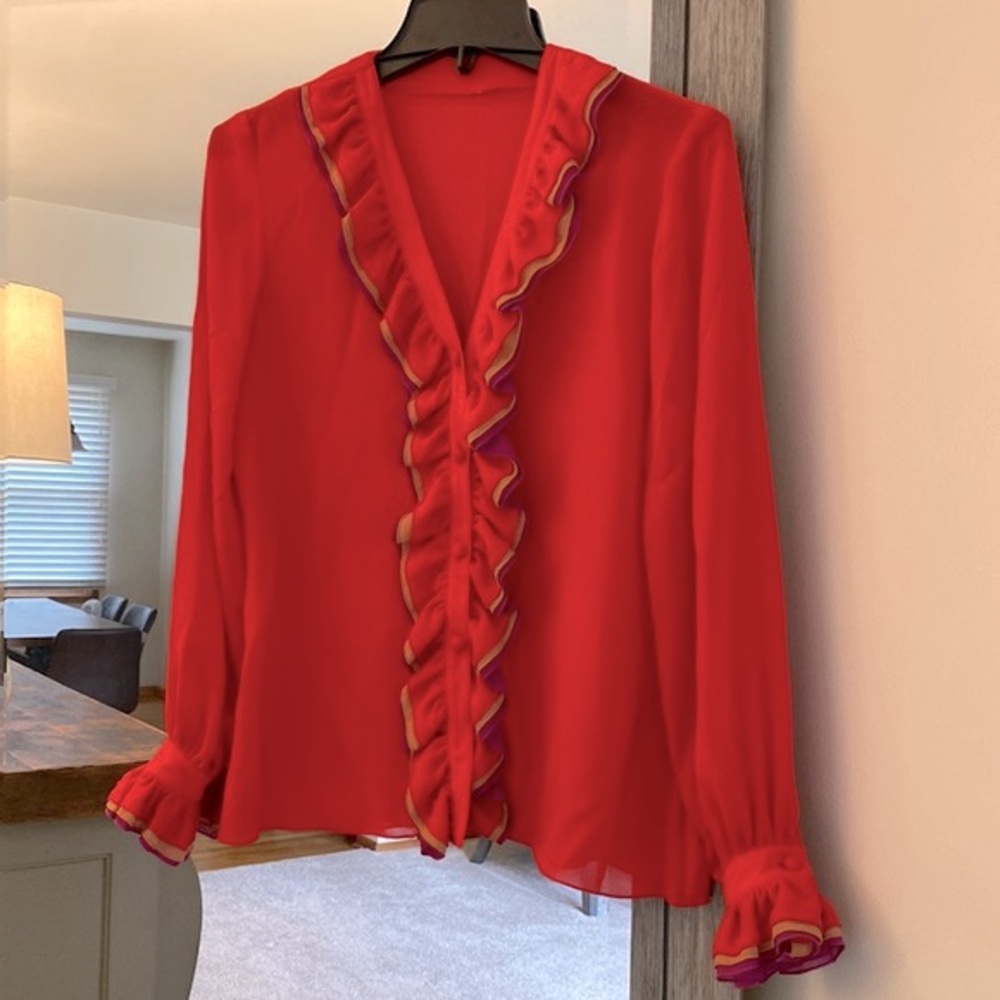 Sheer Button Up Red Blouse, Tiered Ruffle Multi-C… - image 1
